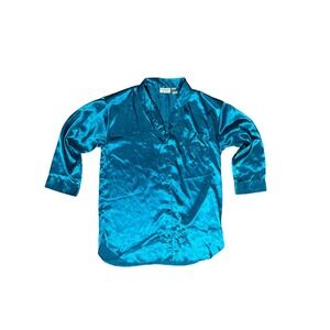 Vintage Victoria's Secret Satin Pajama Top Blue Button Down Long Sleeve  Size  M